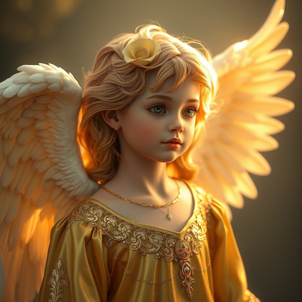 Glowing Angel in Golden Robes with Shimmering Silver Wings