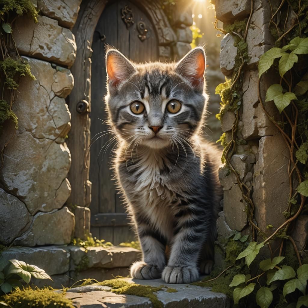 Kitten Peek-a-Boo: Mystical Stone Doorway in Sunlight