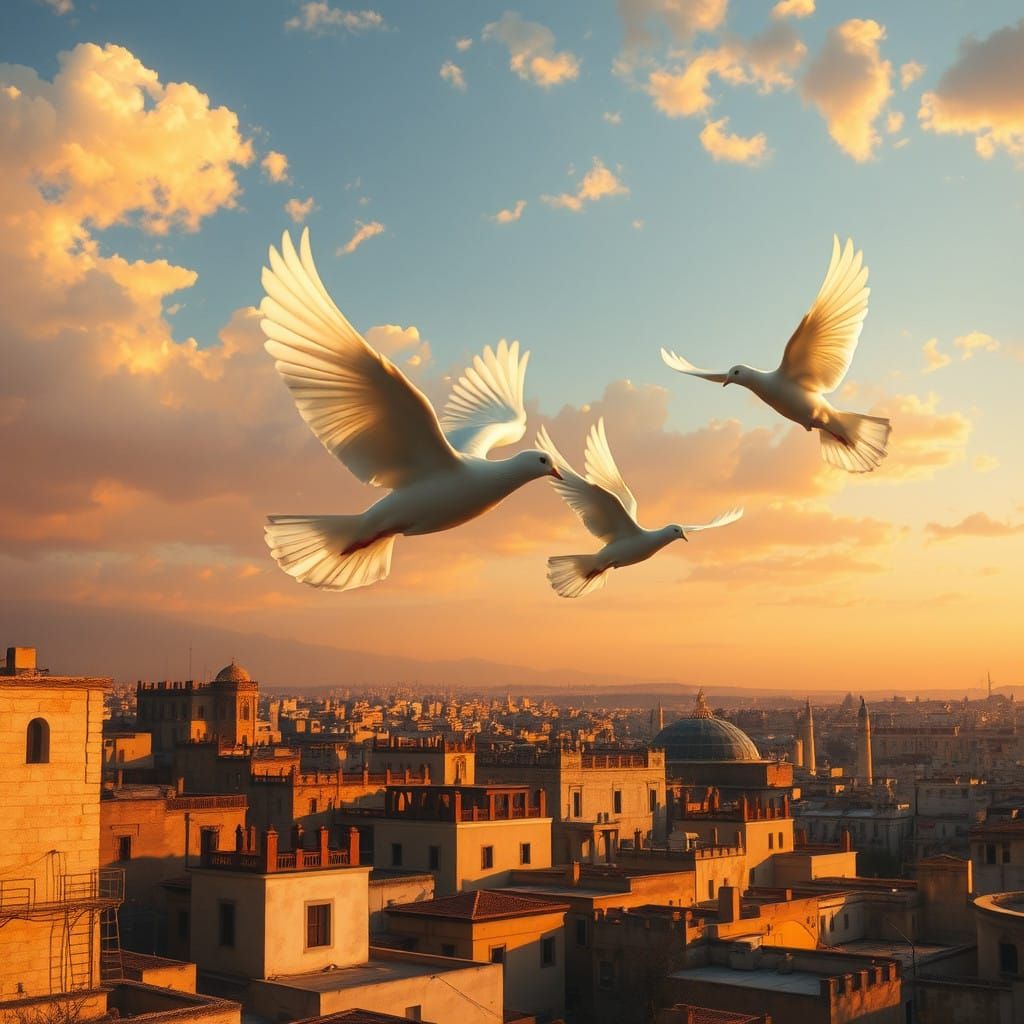 Surreal Sunset Cityscape with Soaring Doves in Dreamy Waterc...