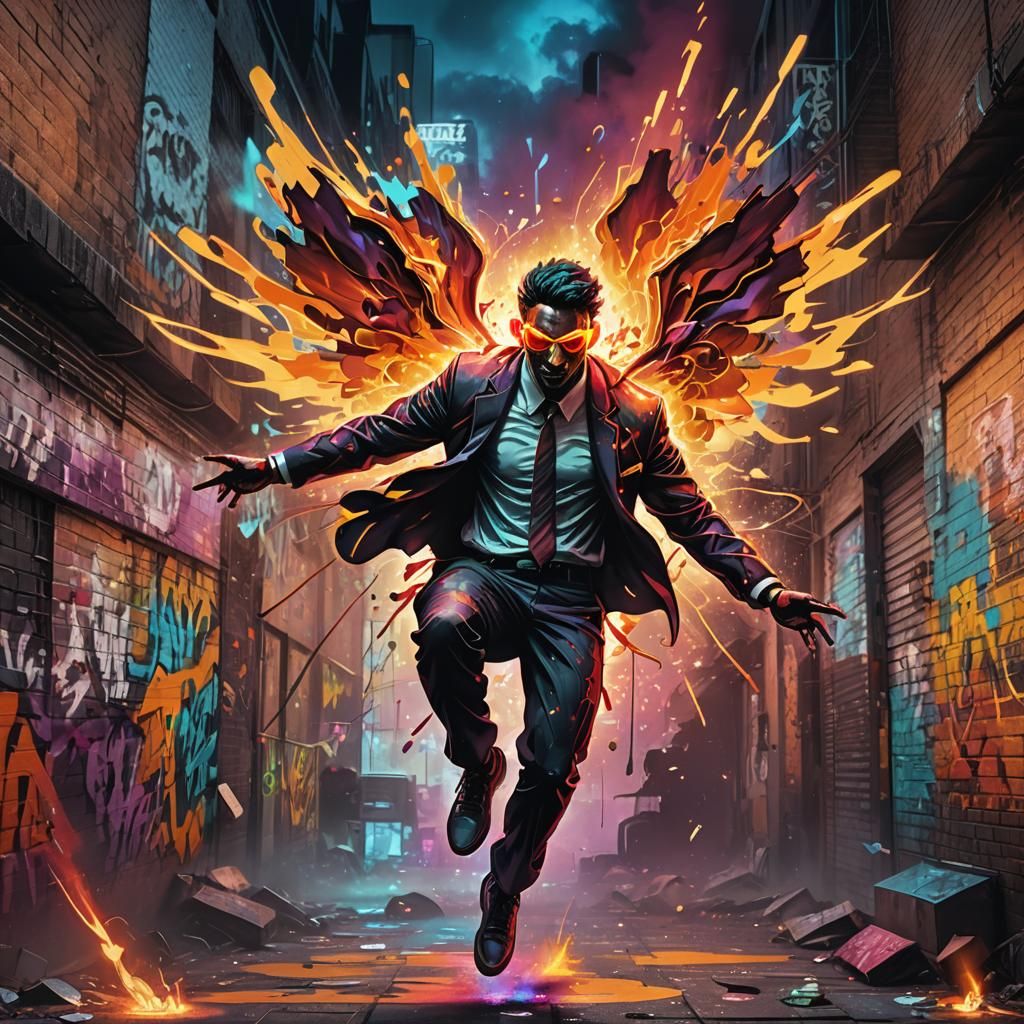 Justice Man Soaring Over Hell in Graffiti Style