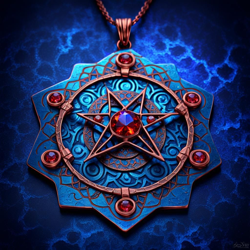 Blue Copper Pendant with Red Gemstones, Digital Art
