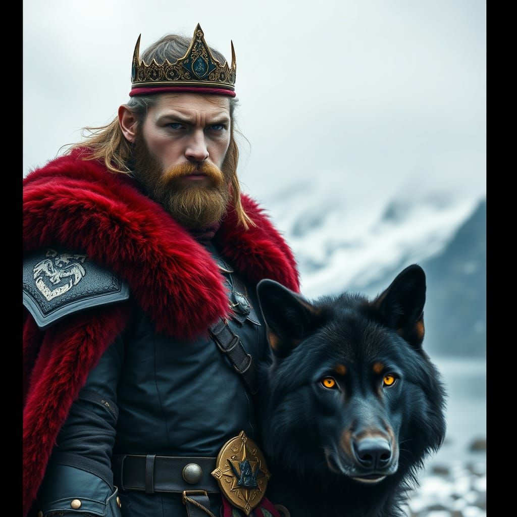 Nordic Prince and Majestic Black Wolf in a Viking Legend
