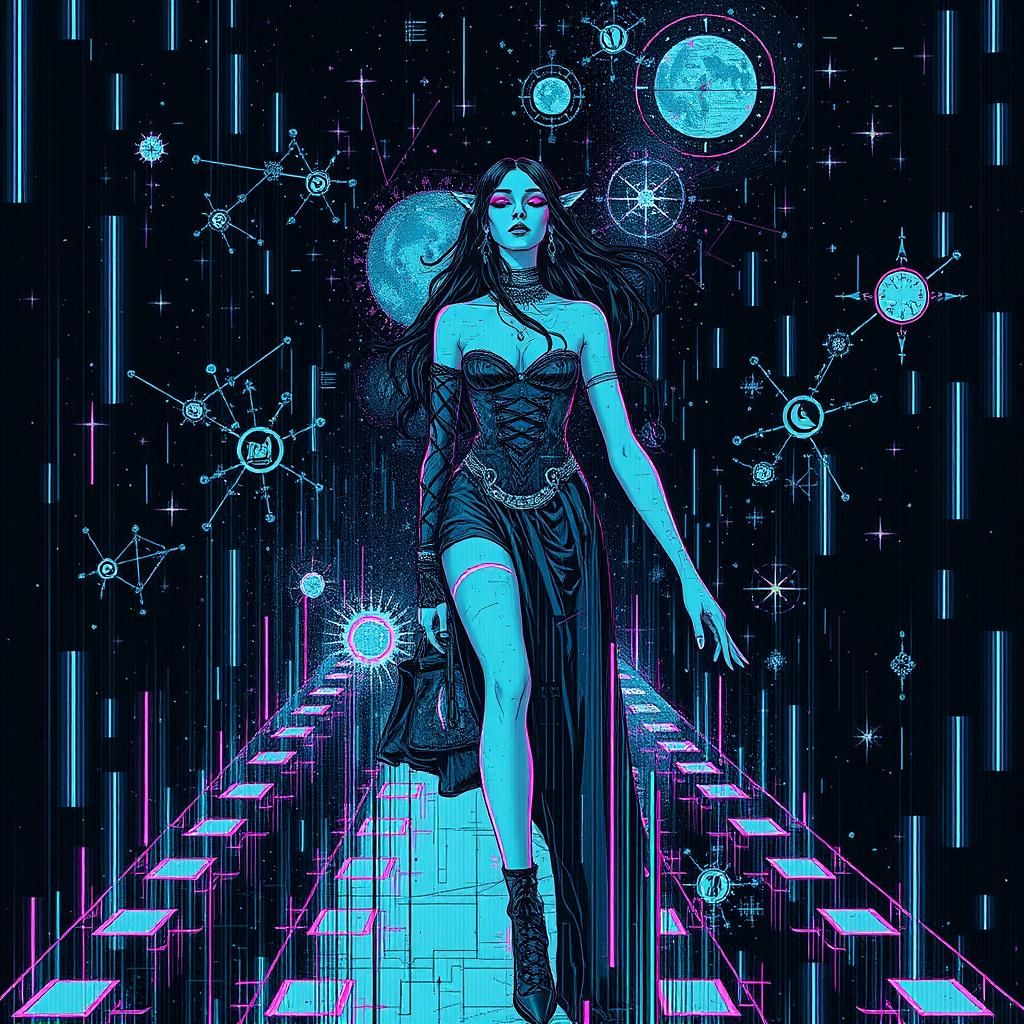 Goth Model on Catwalk in Glitch Art Style