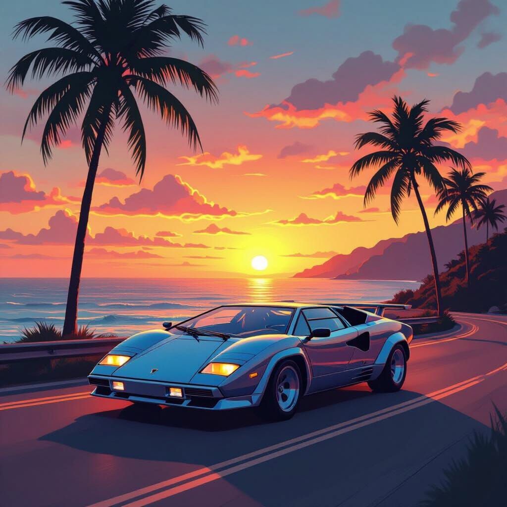 Lamborghini Countach Sunset Drive in Synthwave Style