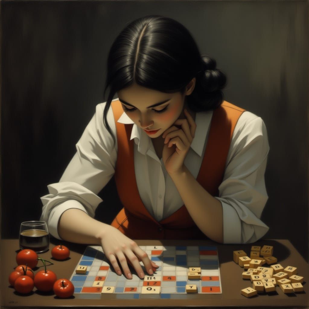 Woman in Evening Dress Playing Scrabble