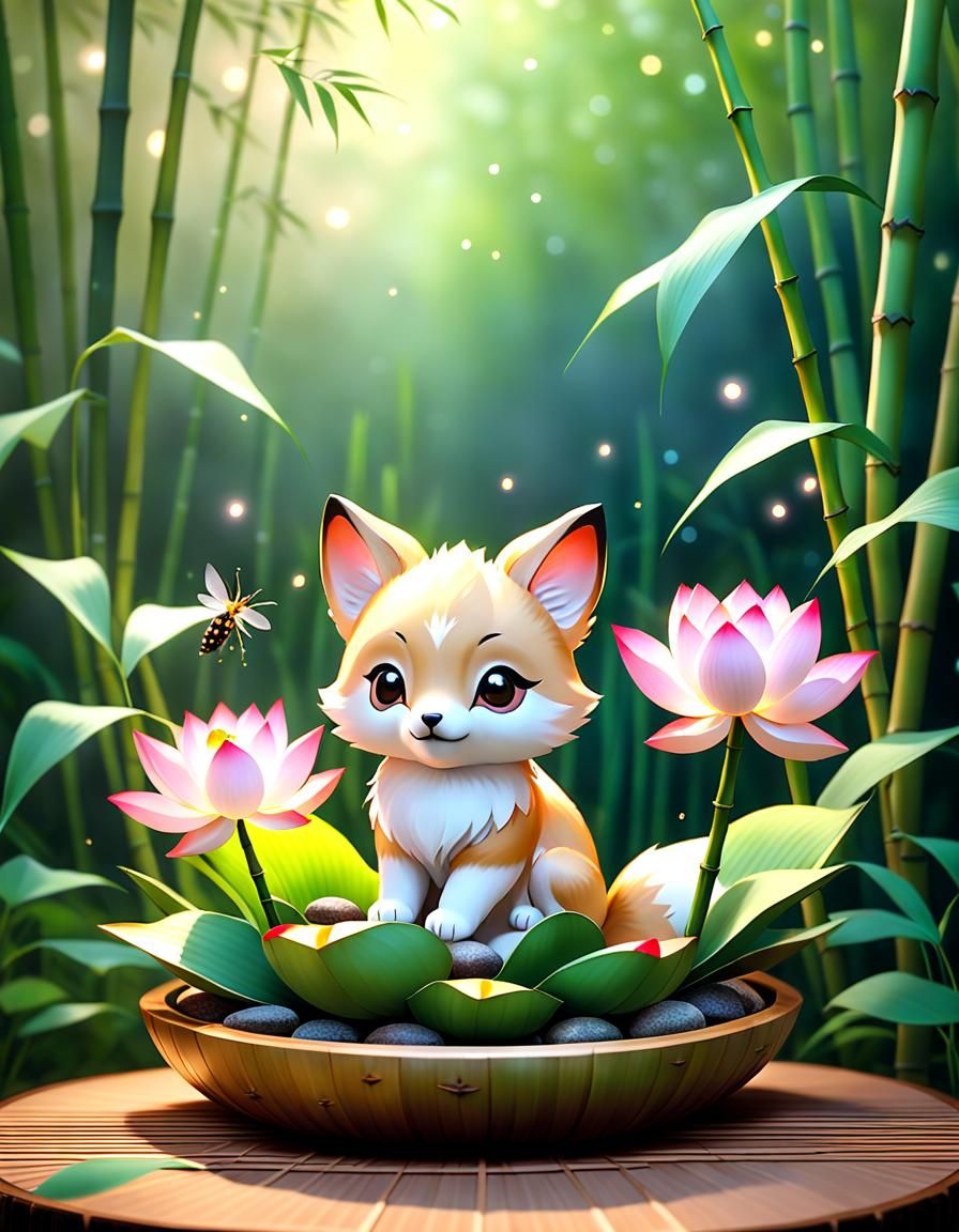 Photorealistic Ikebana Flower Arrangement with Baby Kitsune