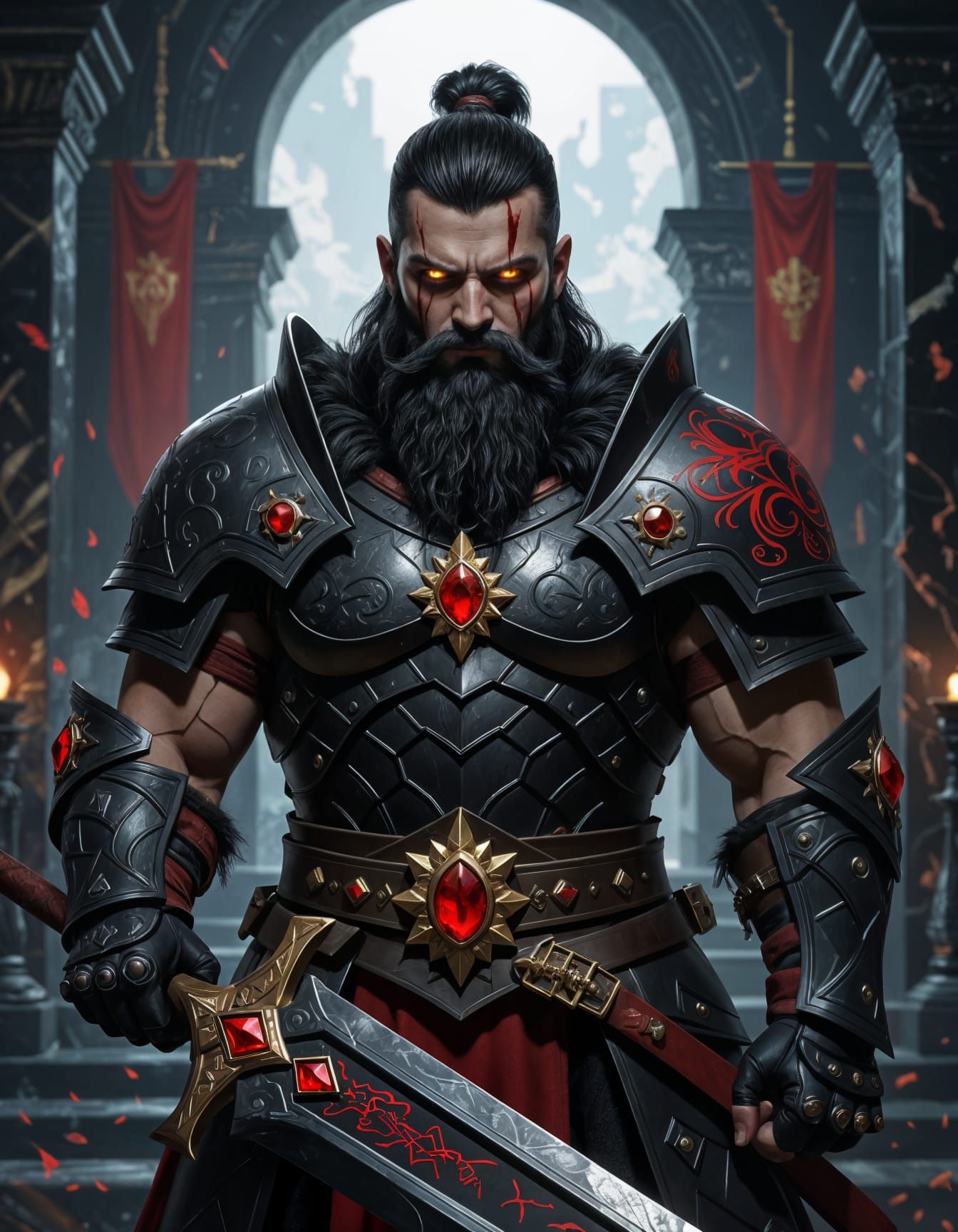 Dark Fantasy Warrior in Infernal Palace