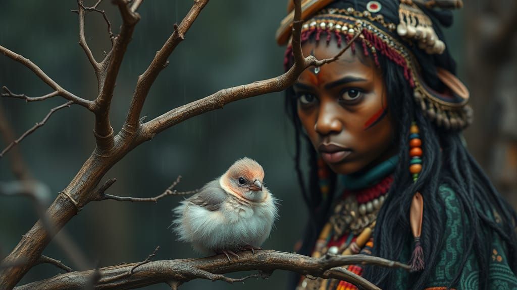 Lost Baby Bird in Grim Forest Night