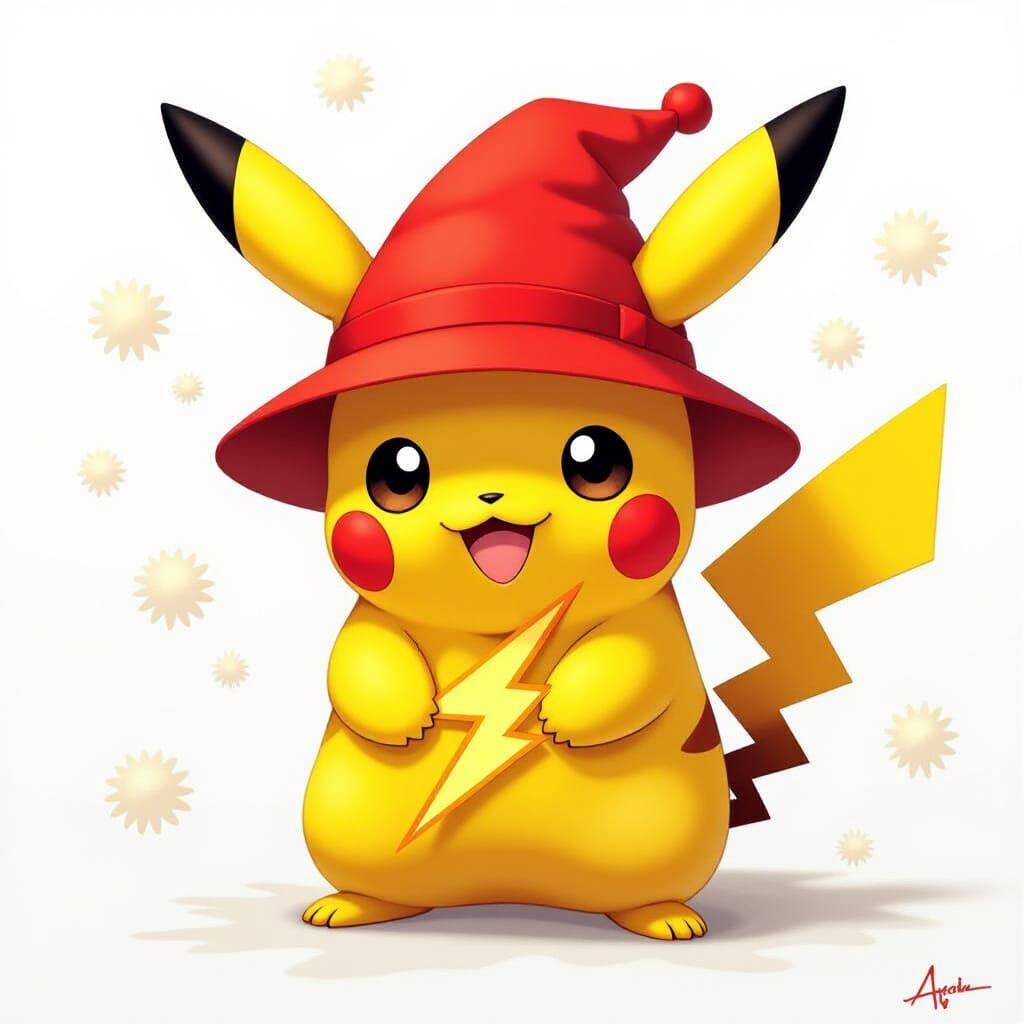 Pikachu with Red Hat in Stylized Pop Art Style