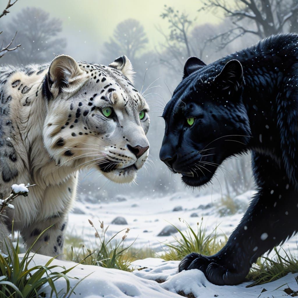 Sleek Snow Leopard Confronts Fierce Panther in Hyper-Realist...
