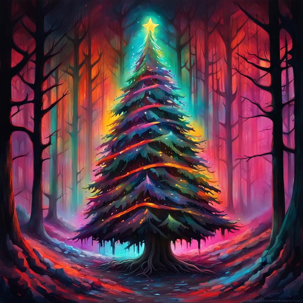 Illuminated Christmas Tree in Dark Forest: Graffiti Art