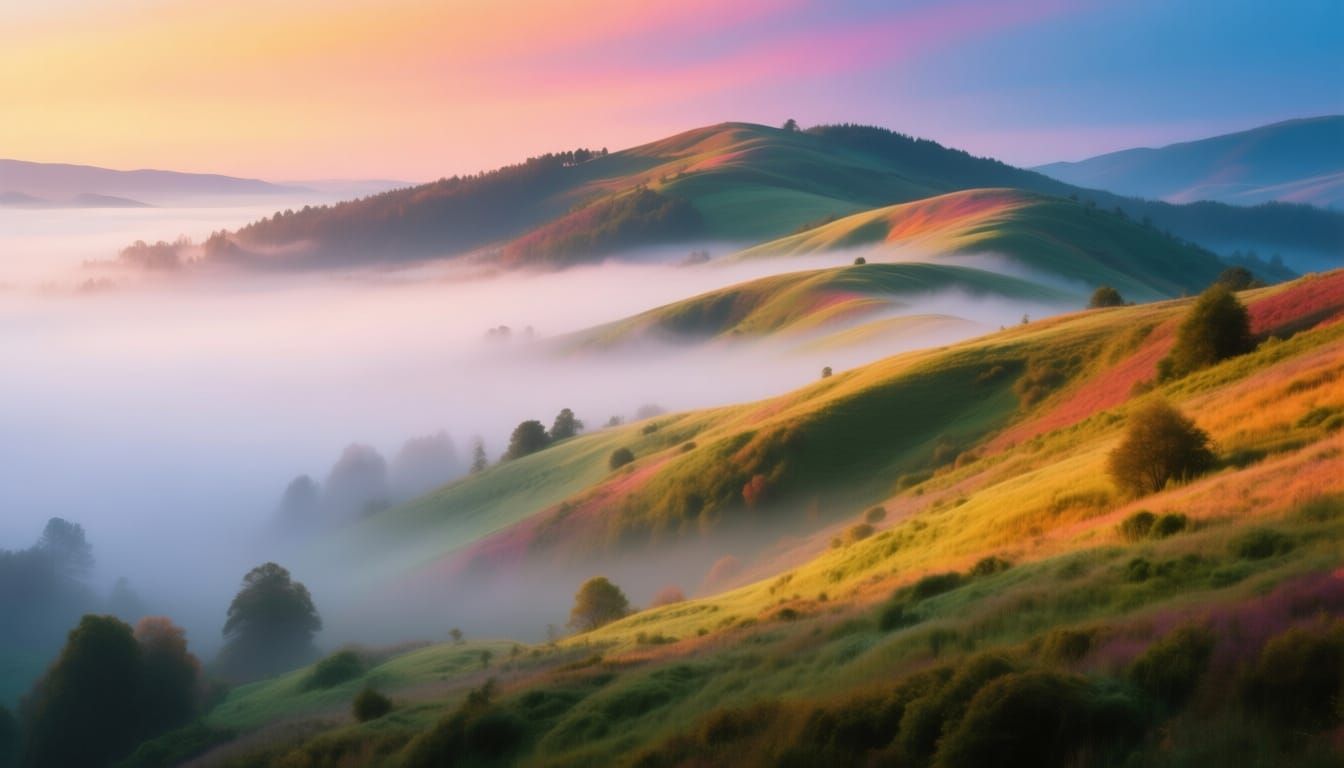 Serene Hillside with Rolling Fog in Hyperrealistic Style