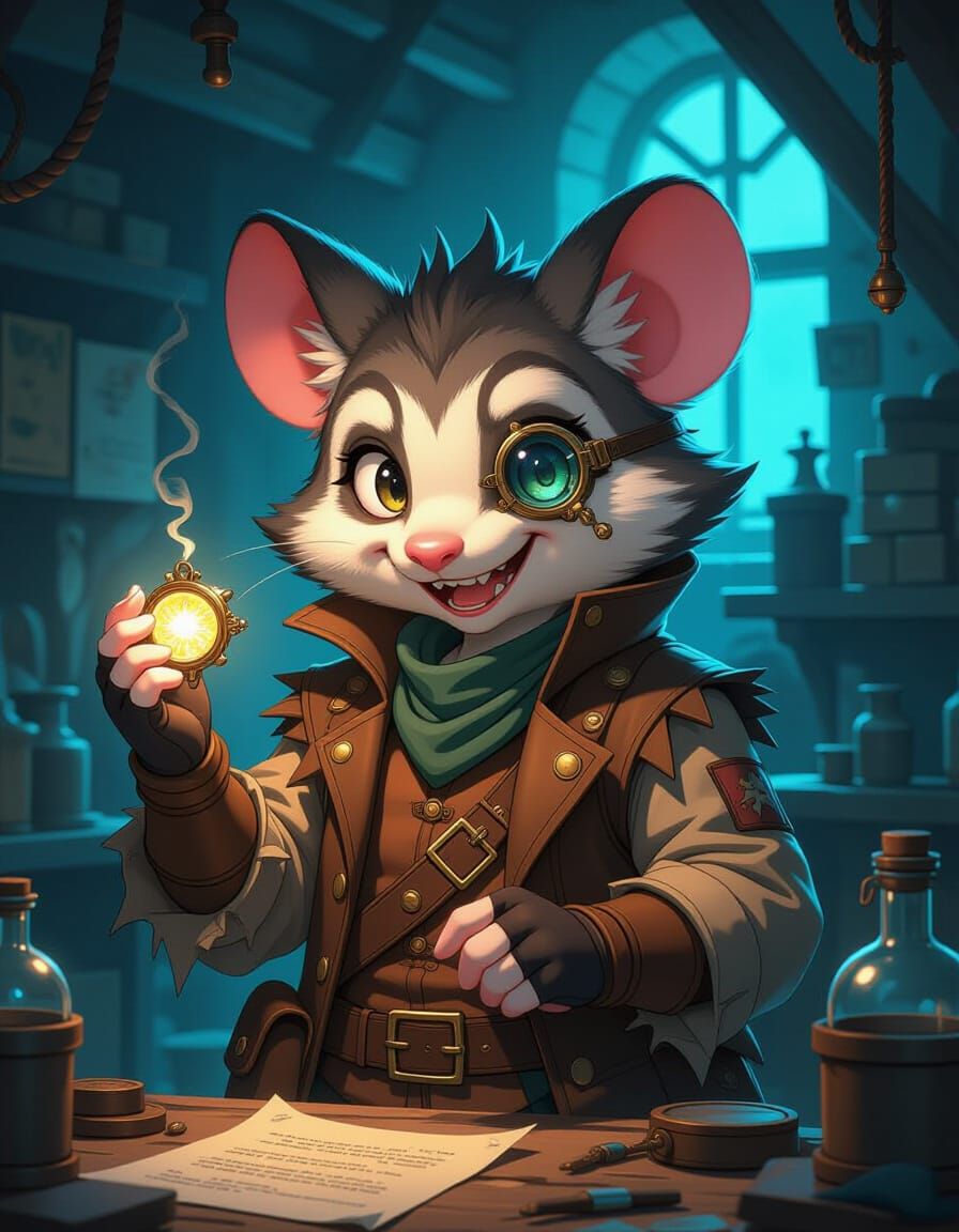 Anime Opossum Artificer in Workshop, Cel-Shaded Style
