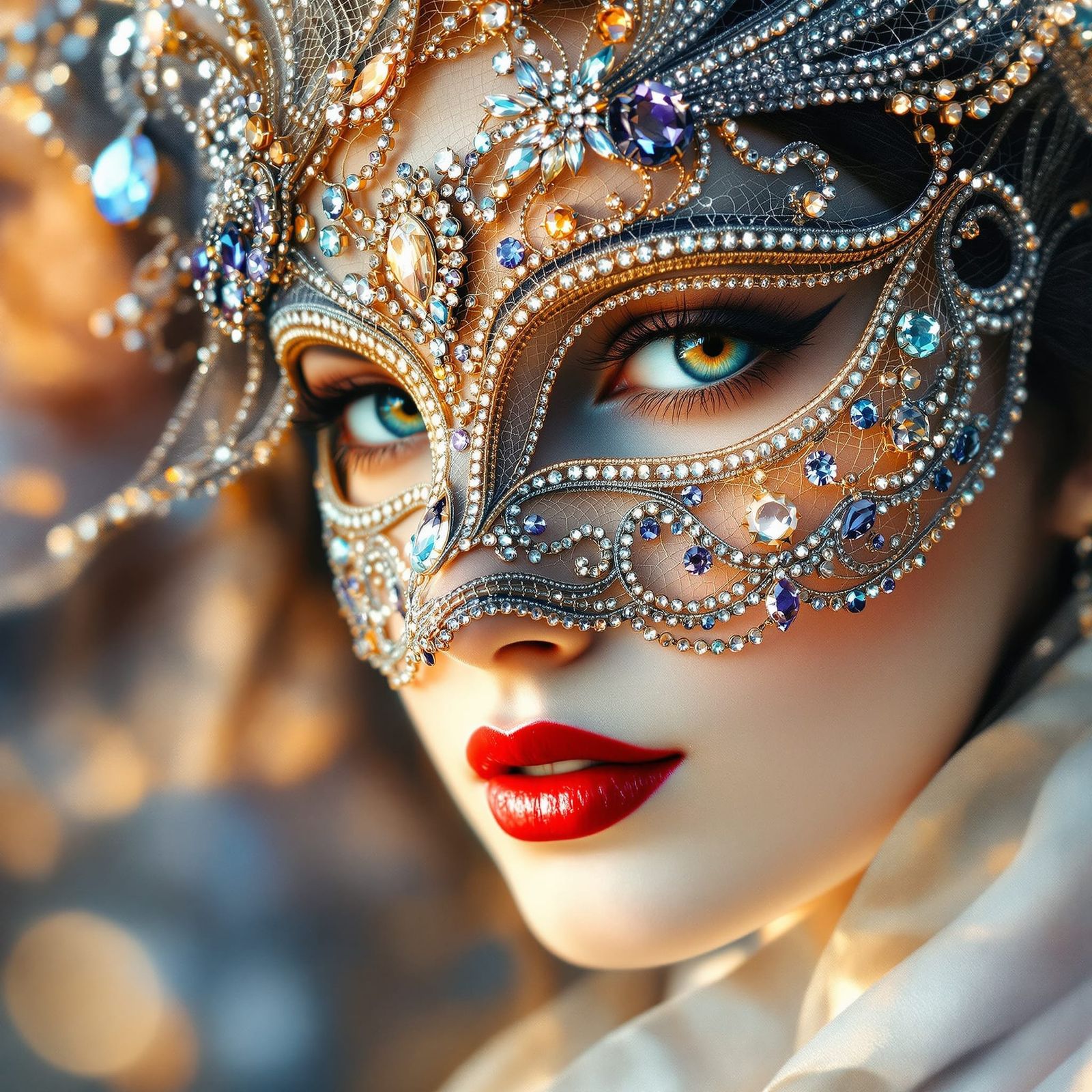 Elegant Woman's Face with Venetian Mask in Watercolor