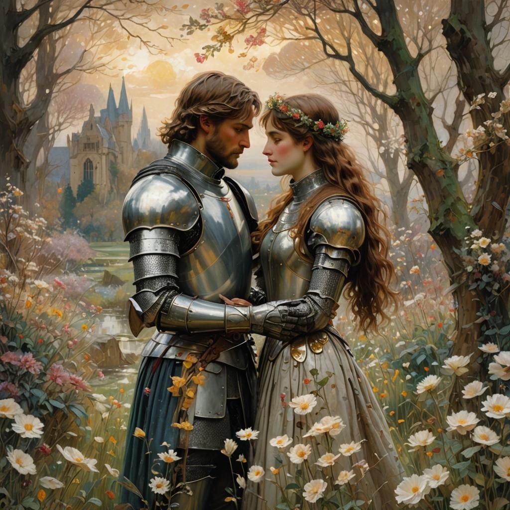 Romantic Knight and Lover in Dreamlike Landscape