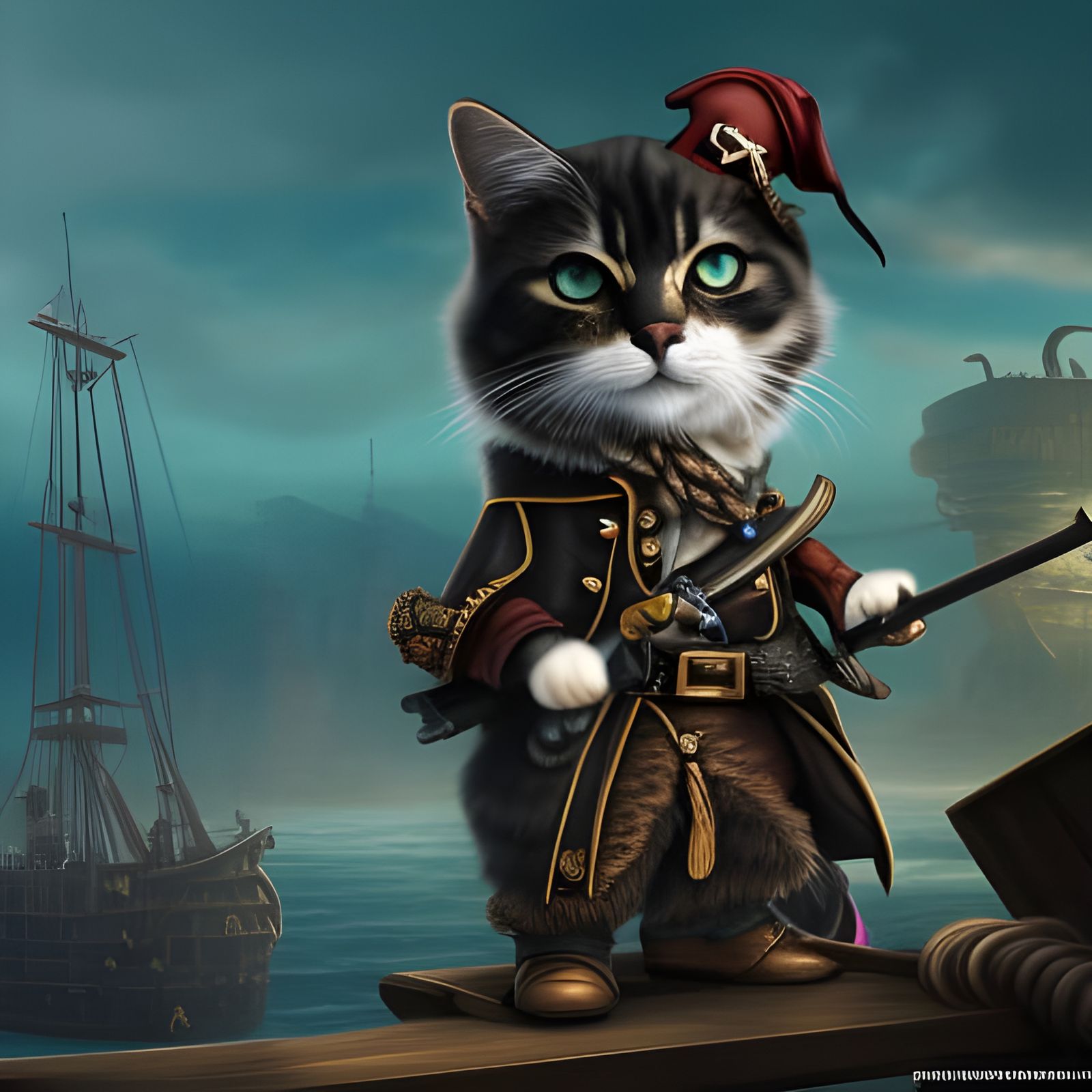 Pirate Cat on Ship: Detailed Matte Painting
