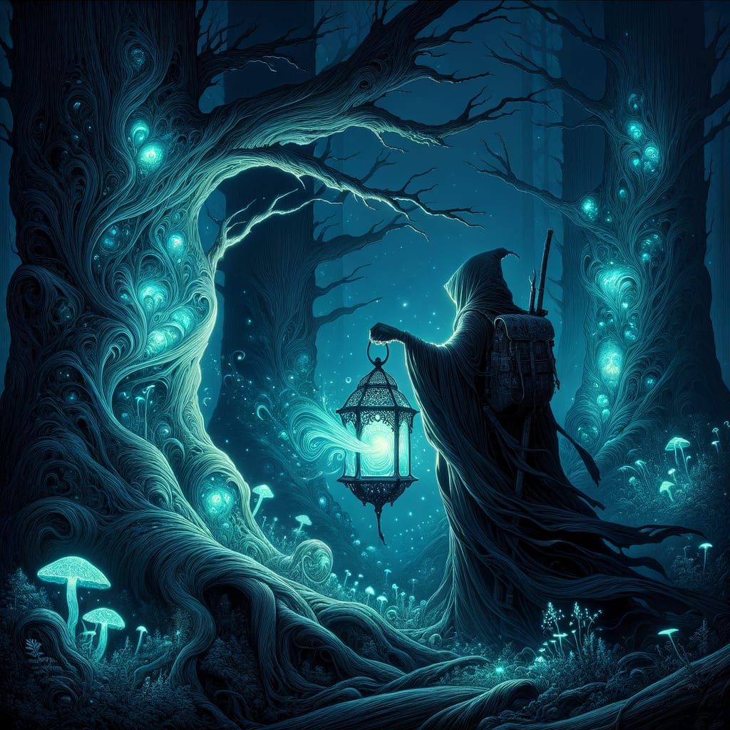 Mysterious Traveler in Bioluminescent Forest