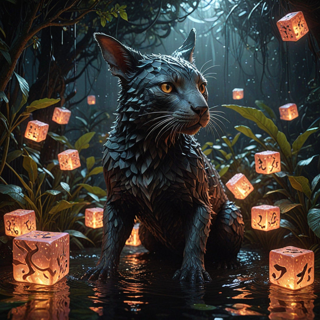 Surreal Oil Painting of Glowing Tetris Creature in Starry Ni...