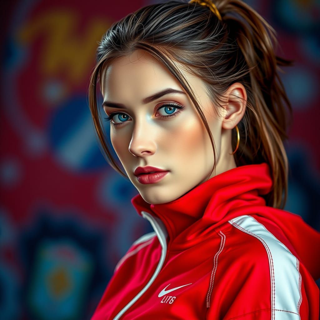 Hyperrealistic Eastern European Athlete in Red Nike Tracksui...