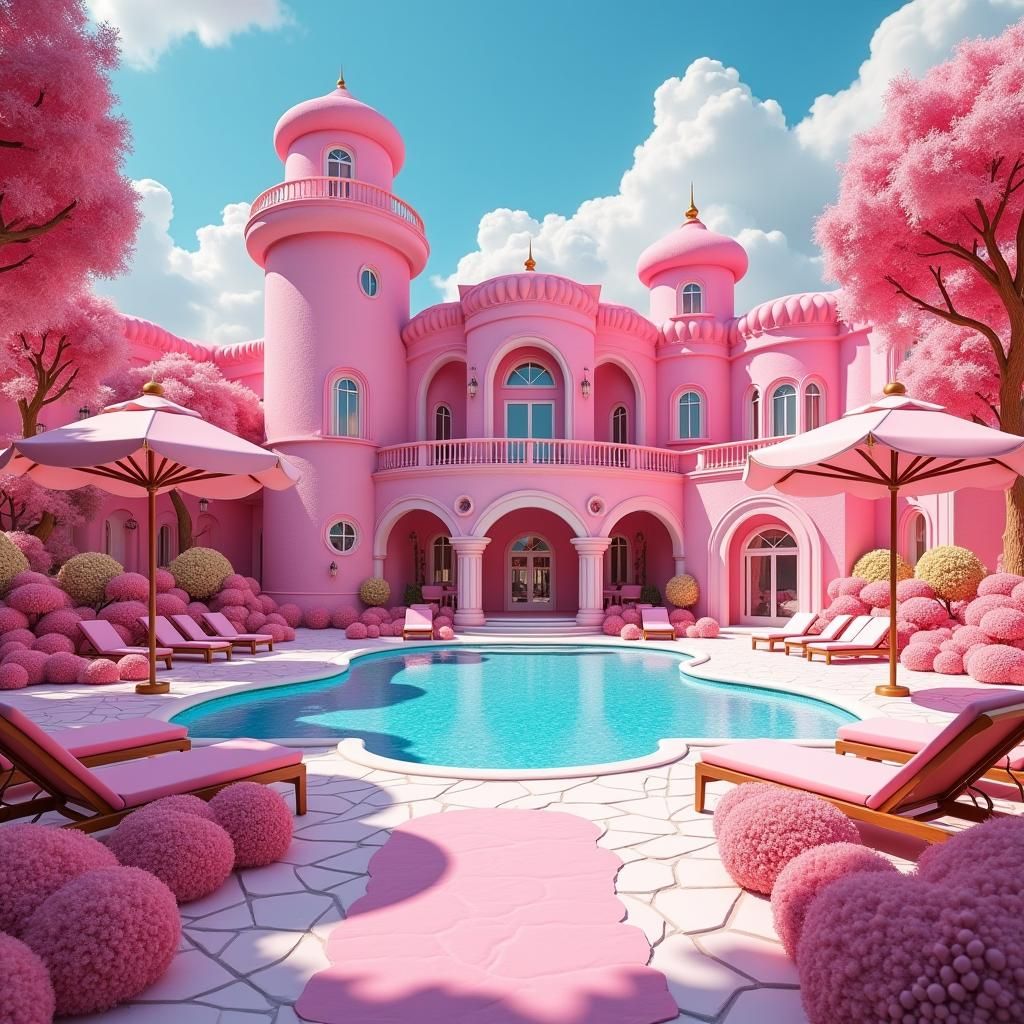 Vibrant Candy Mansion with Sparkling Pool and Lollipop Trees