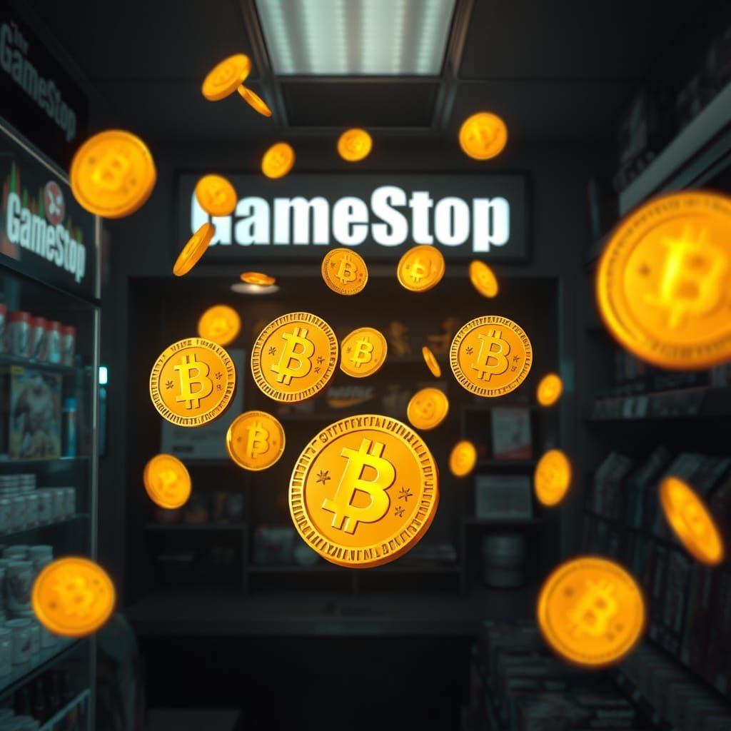 Golden Bitcoins in a Dimly Lit GameStop