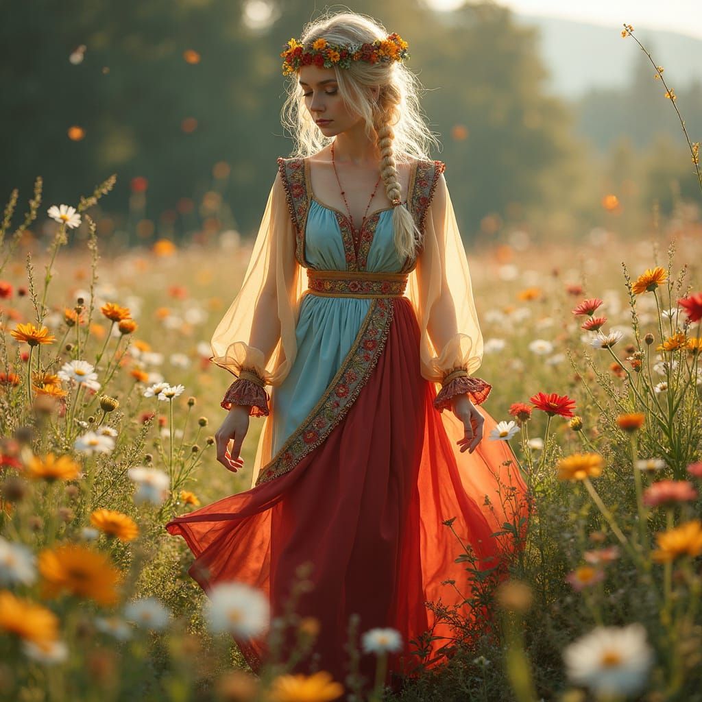 Ethereal Georgian Goddess in Vibrant Floral Meadow