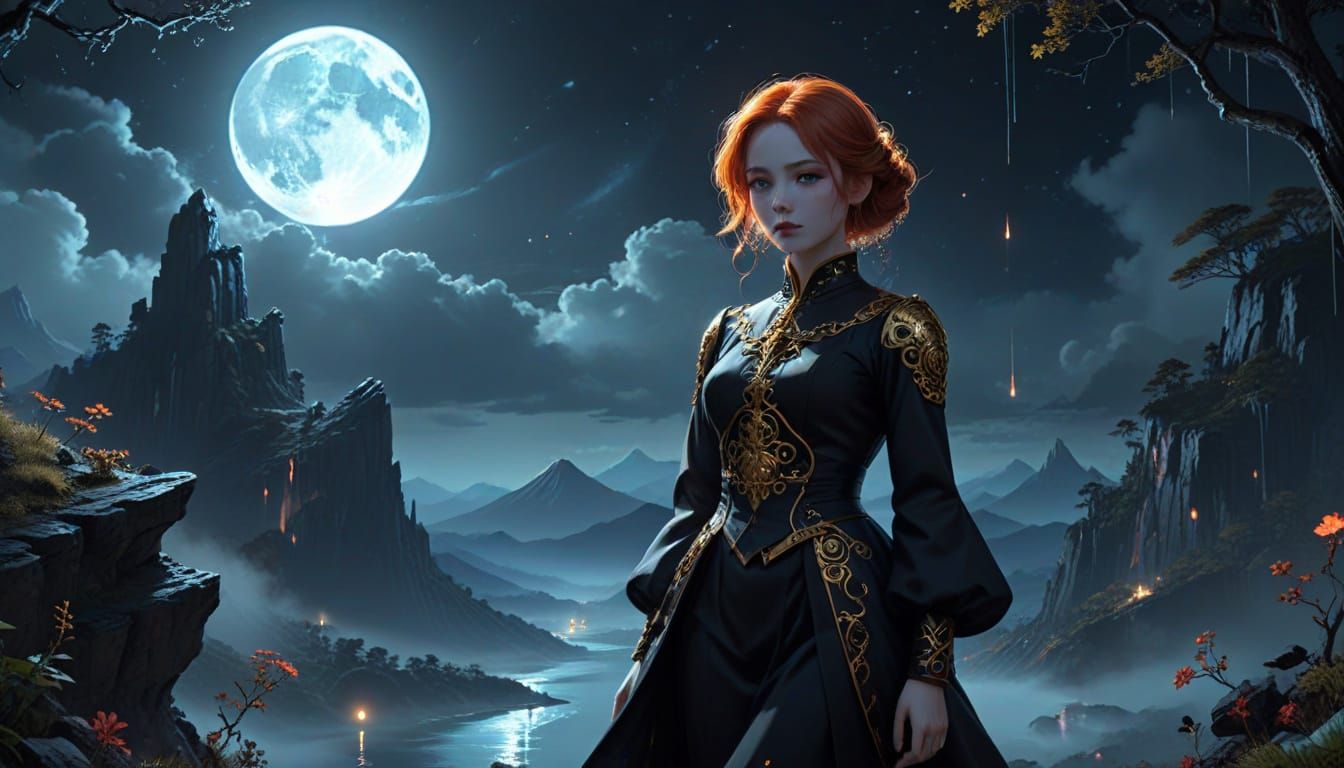 Porcelain Marionette on Mountain Stage in Bioluminescent Lig...