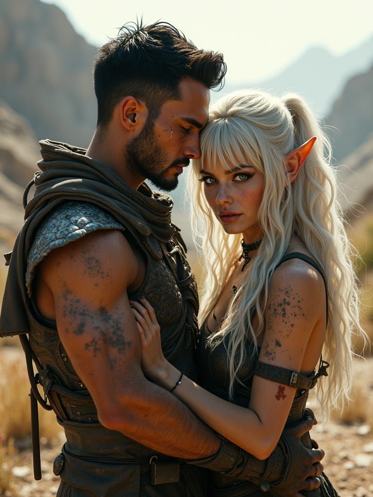 Dystopian Elf Couple Embrace in Cyberpunk Wasteland