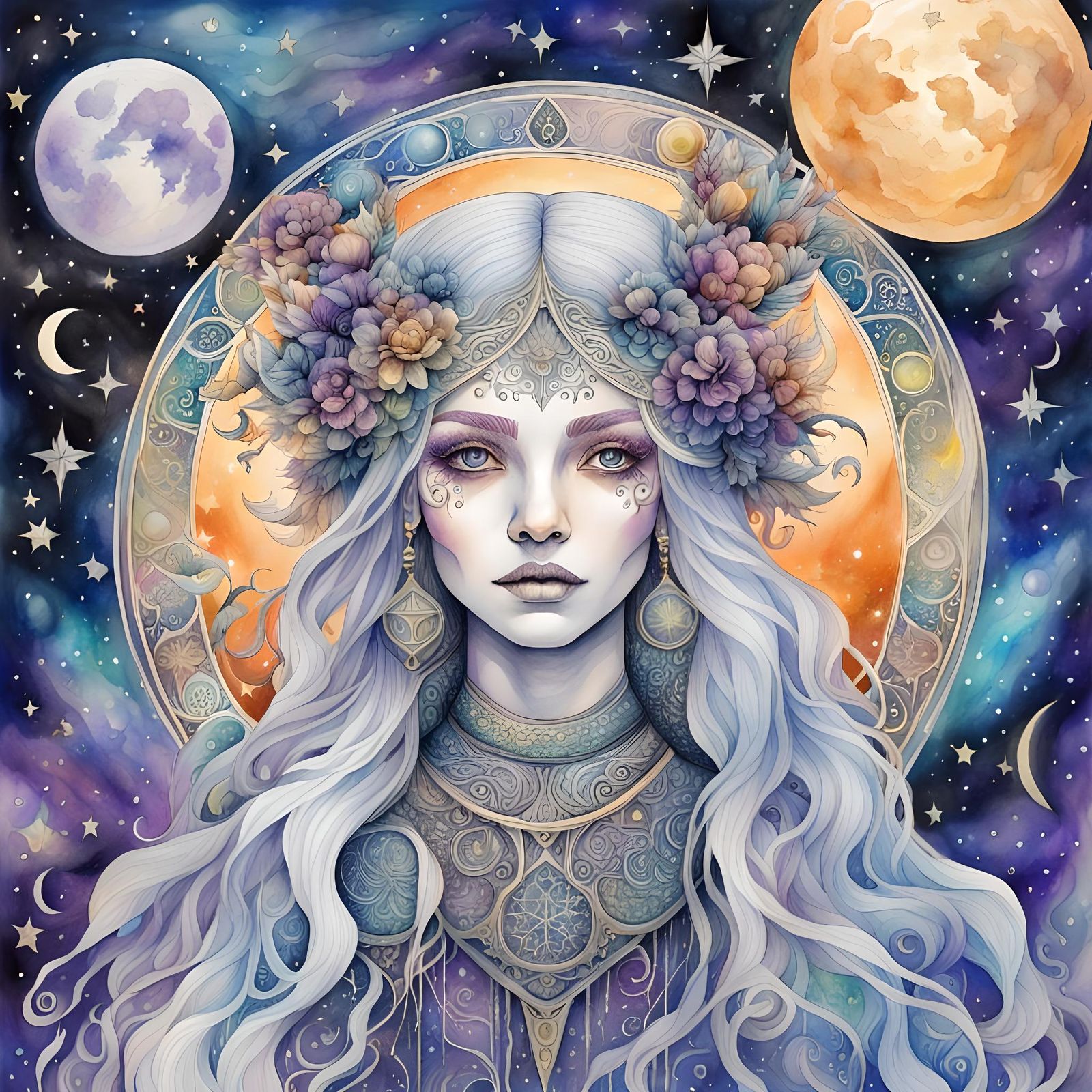 Gothic Celestial Witch: Watercolor Fantasy Illustration