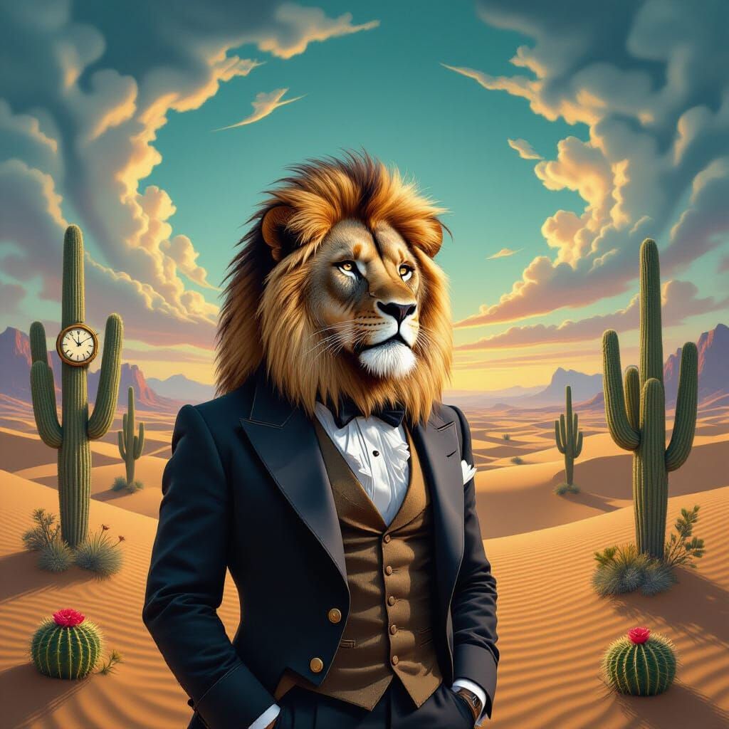 Victorian Lion Surveys Surreal Desert Landscape in Dalí Styl...