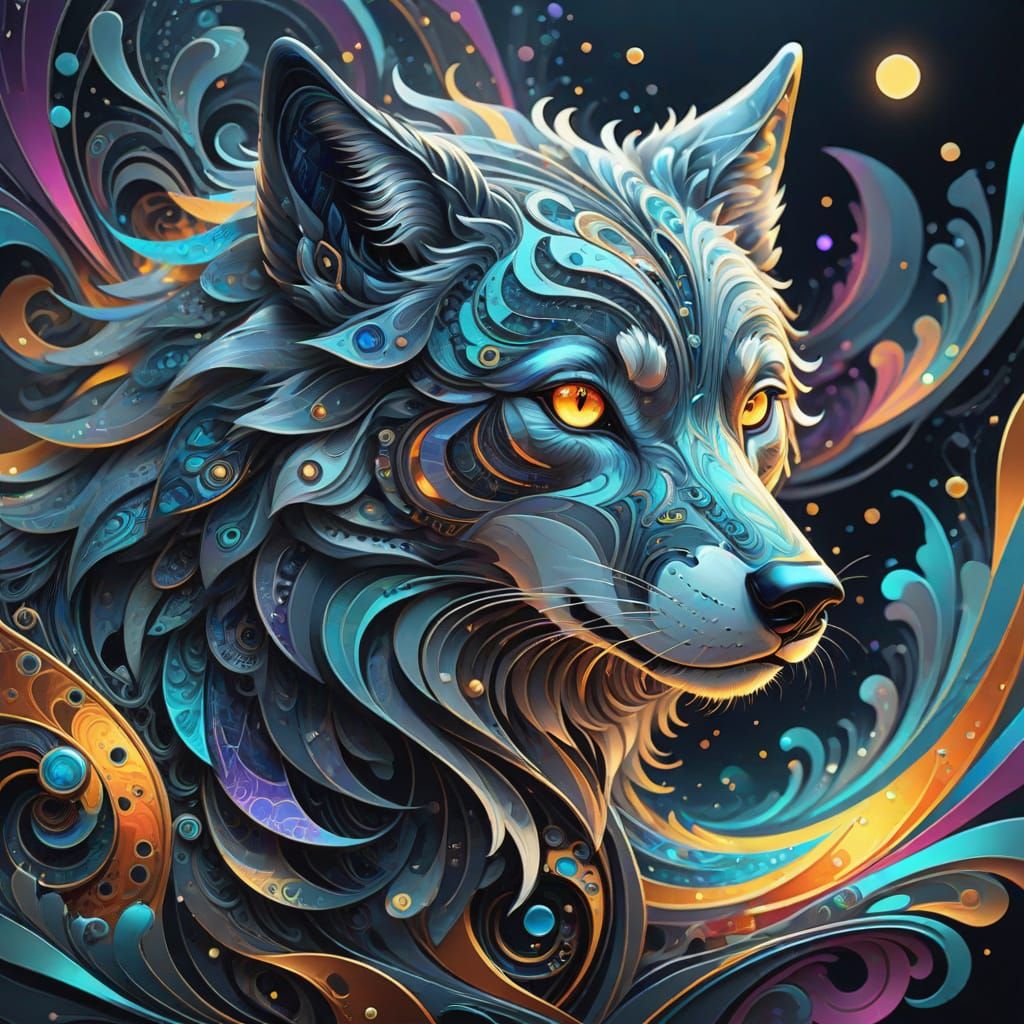 Cosmic Steampunk Wolf in Silk and Fractals