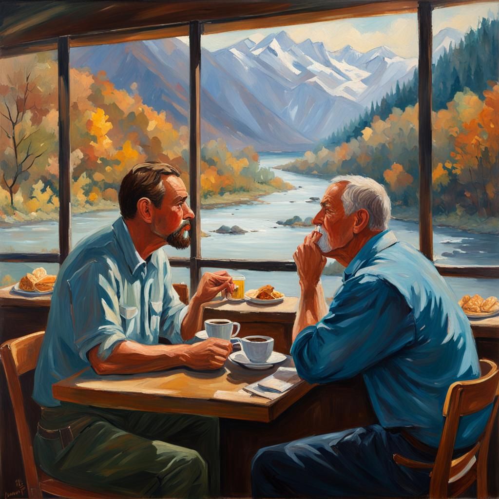 Men Kissing in Coffee Shop: Gurney-Style Oil Painting