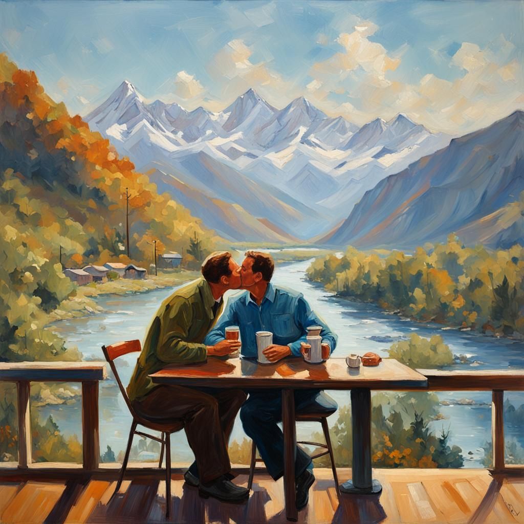 Men Kissing in Coffee Shop, Oil Painting