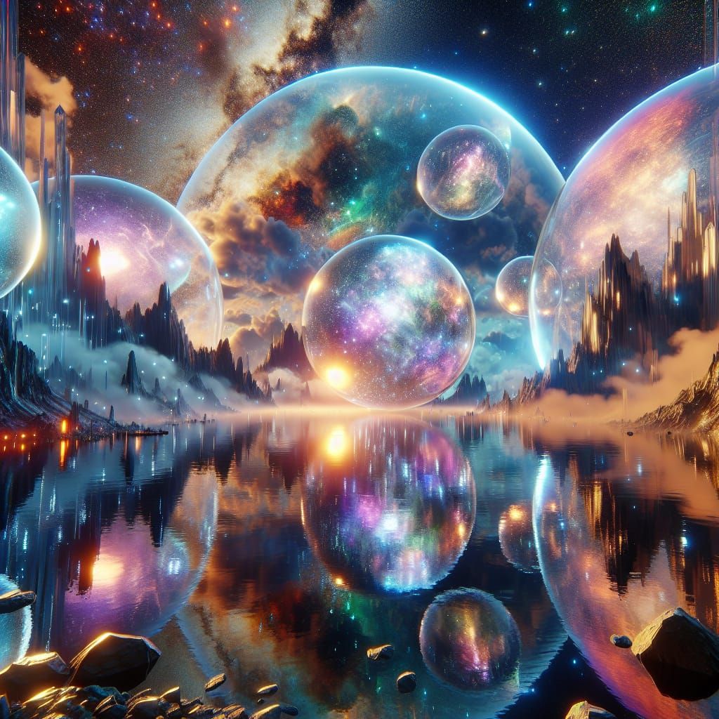 Transparent Orbs Reflecting Infinite Universes in 3D
