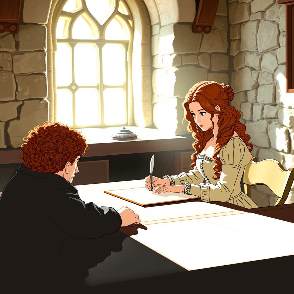 Medieval Woman Signs Parchment in Castle Sunlight