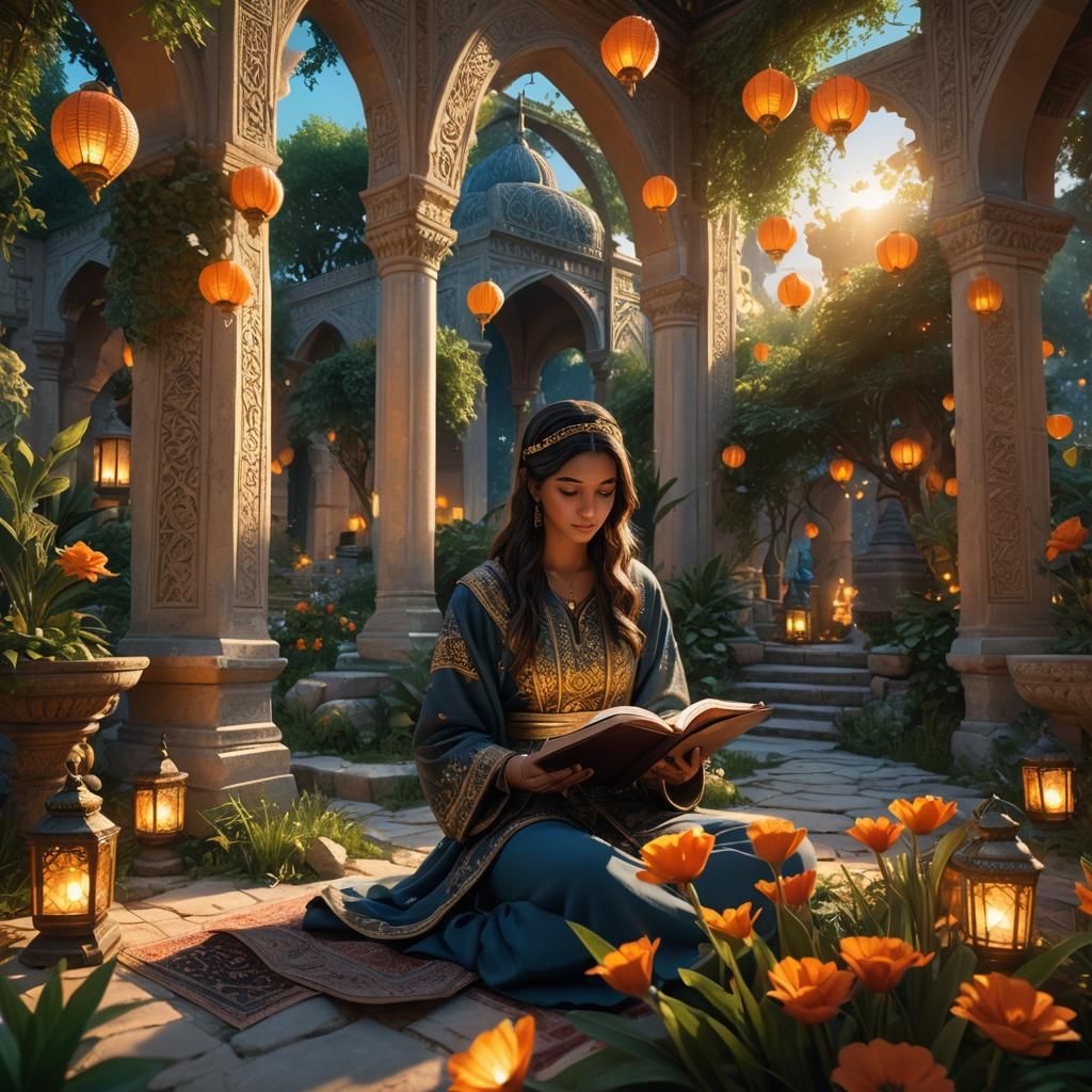 Girl Reading Quran in Garden: Fantasy Concept Art