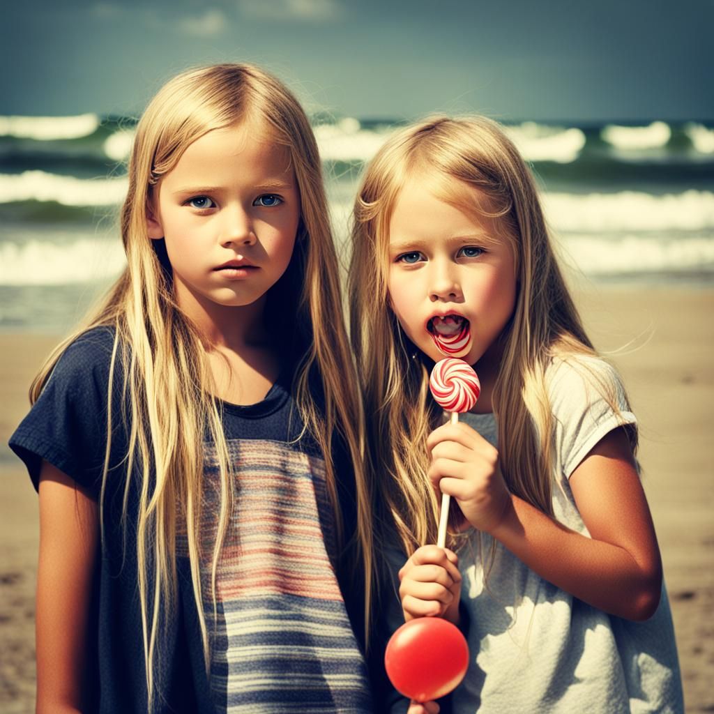 Two Blonde Girls on Beach in Dramatic Light