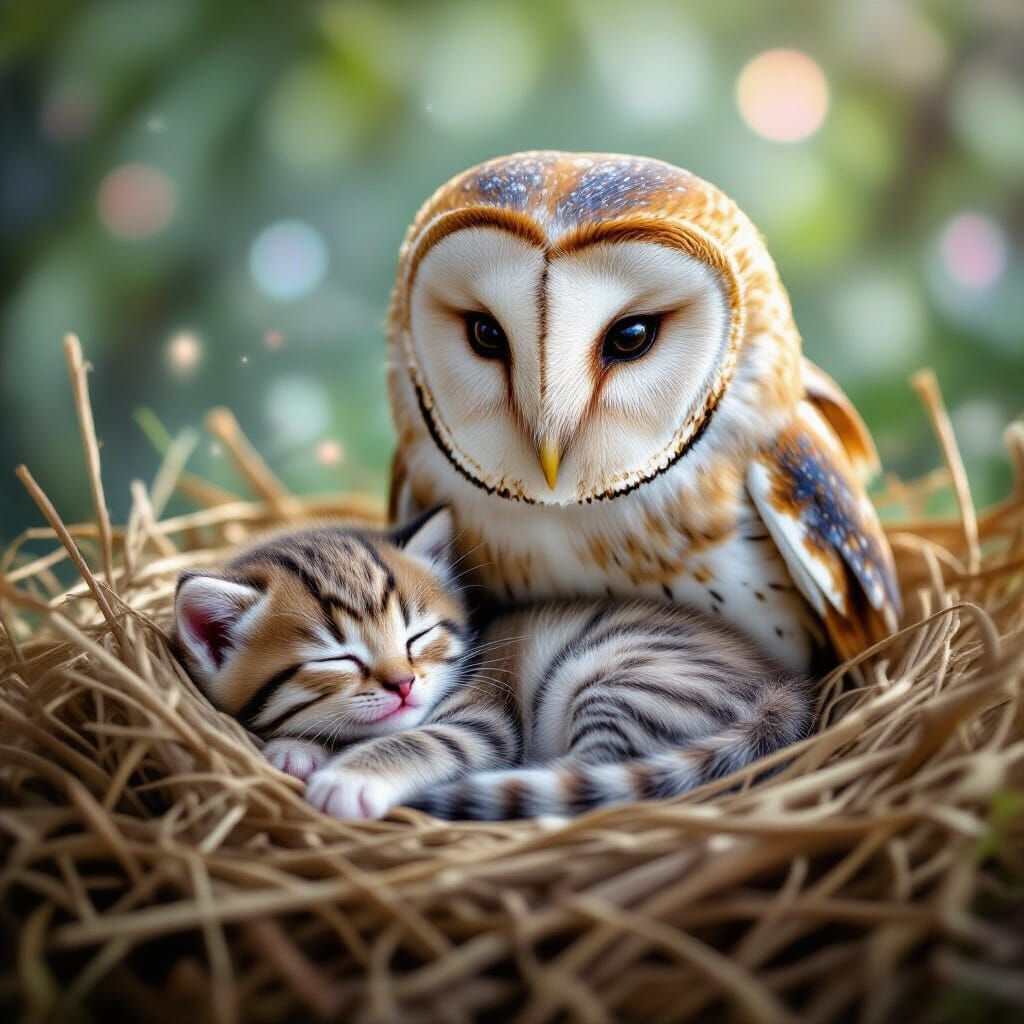 Kitten Sleeps Safely in Barn Owl Nest