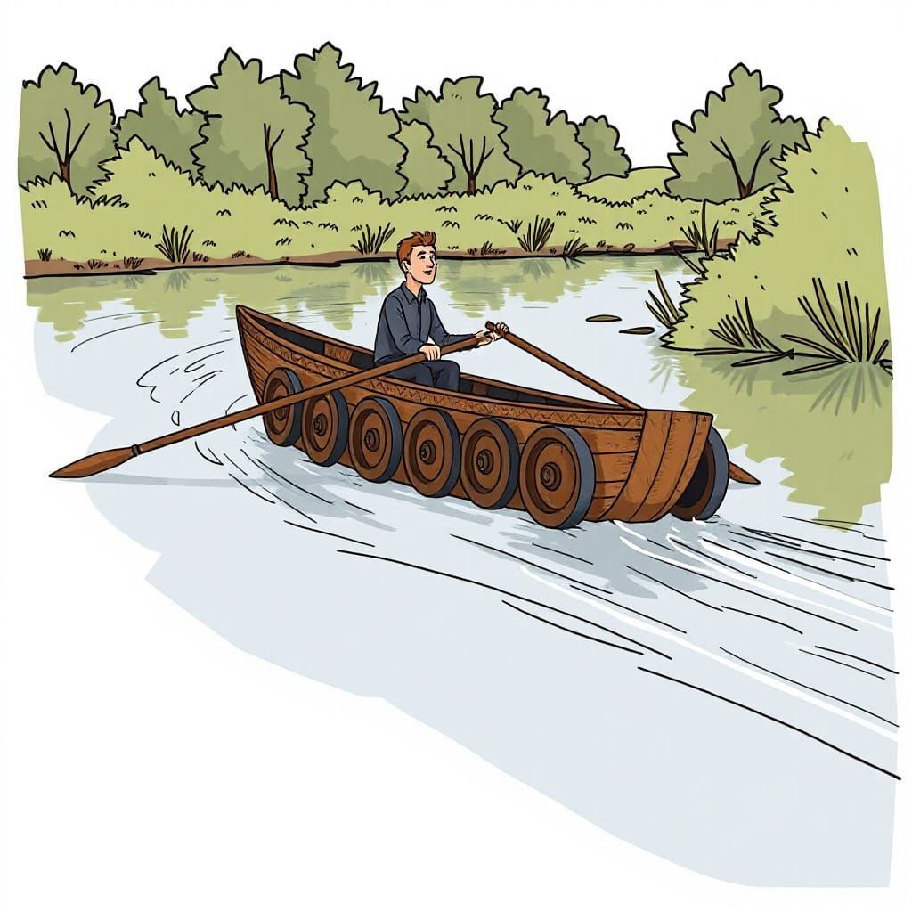 Cartoon Rowboat with Unique Wheeled Propulsion System