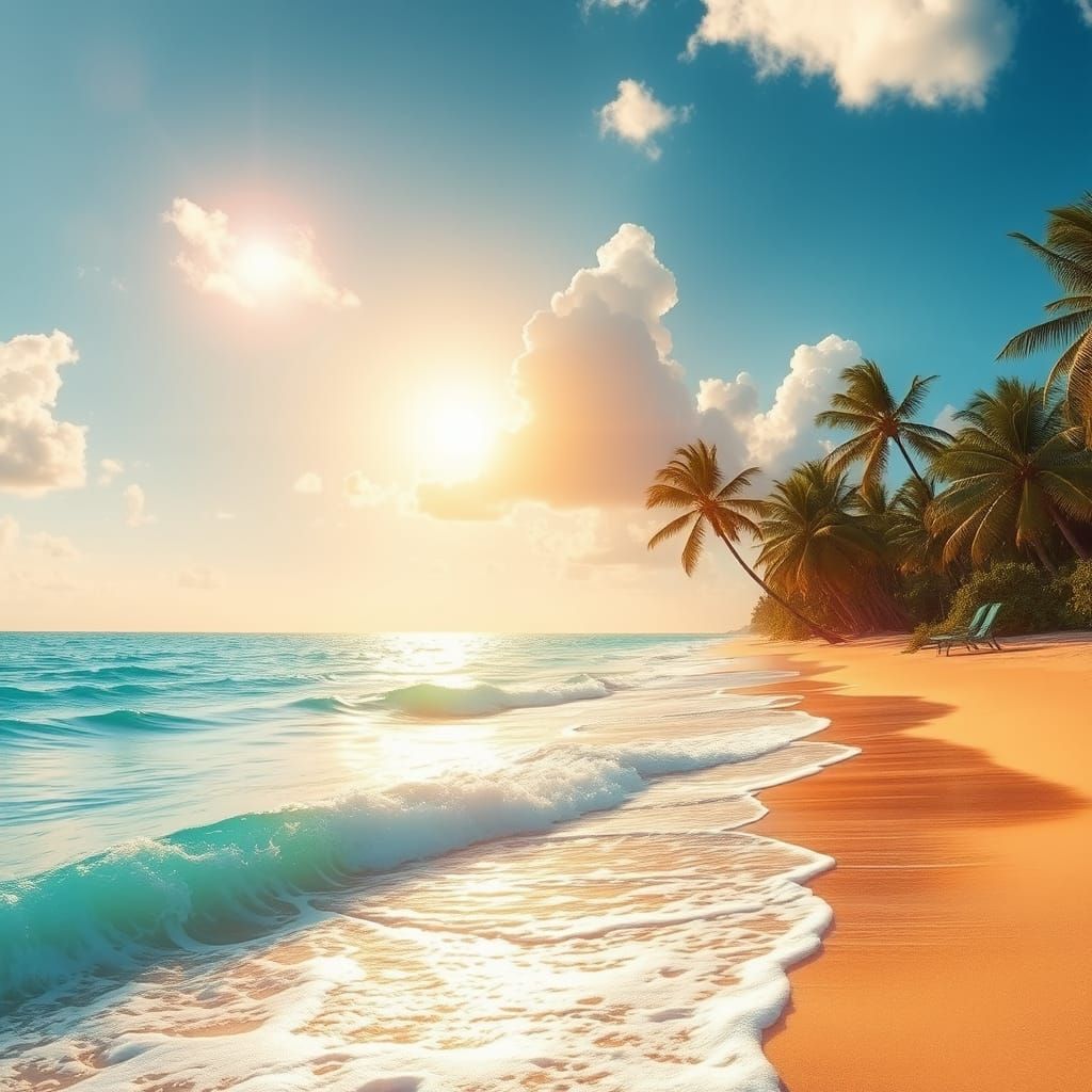Sunlit Tropical Oasis with Turquoise Waves and Azure Sky