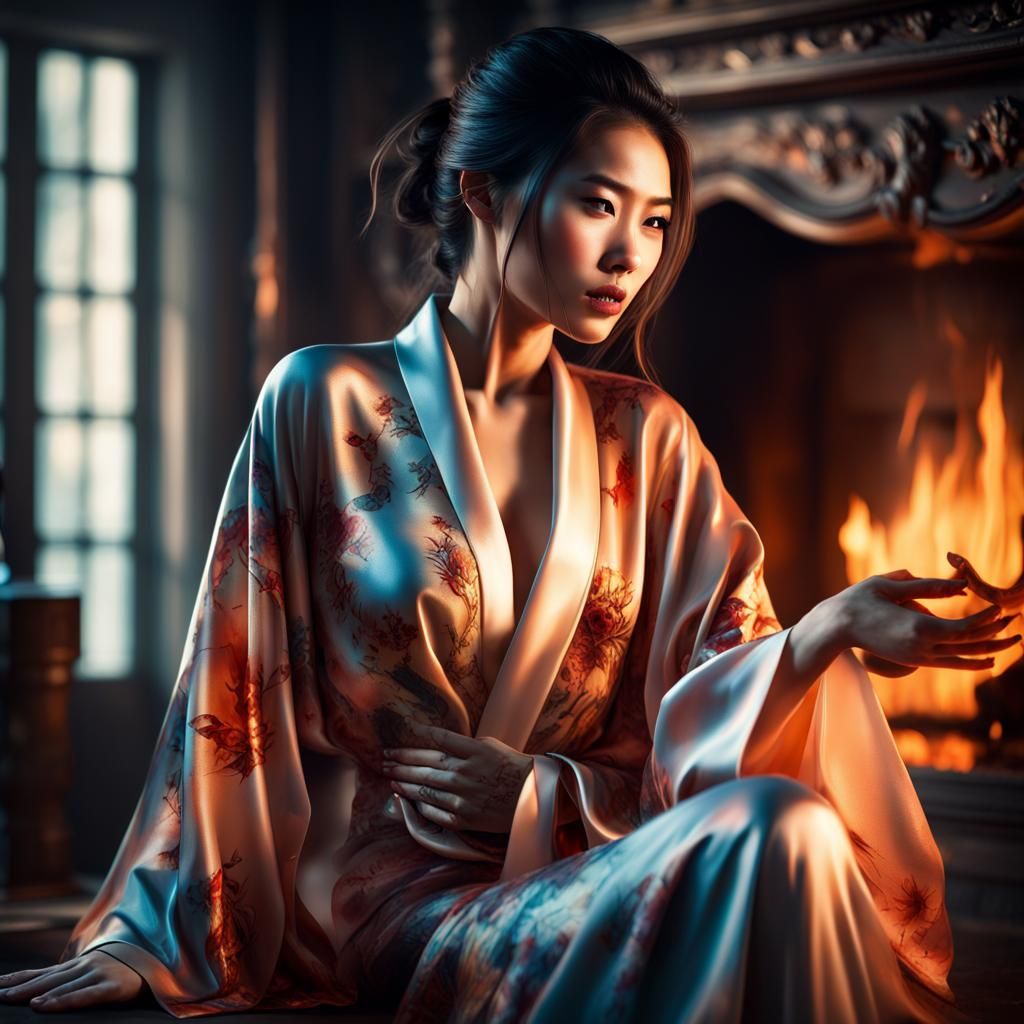 Vampire Beauty in Flowing Silk: Hyperrealistic Portrait