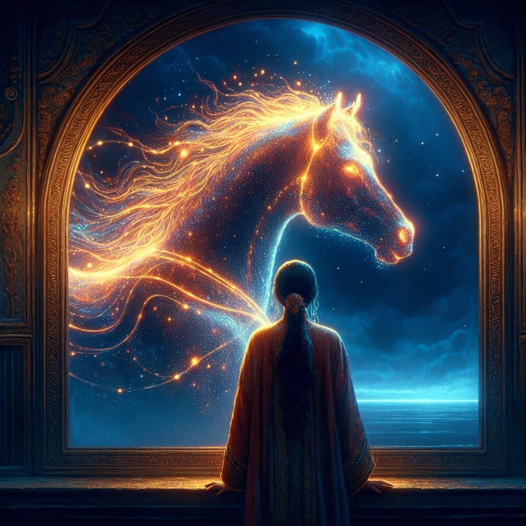 Fiery Light Horse Reflection in Mirror