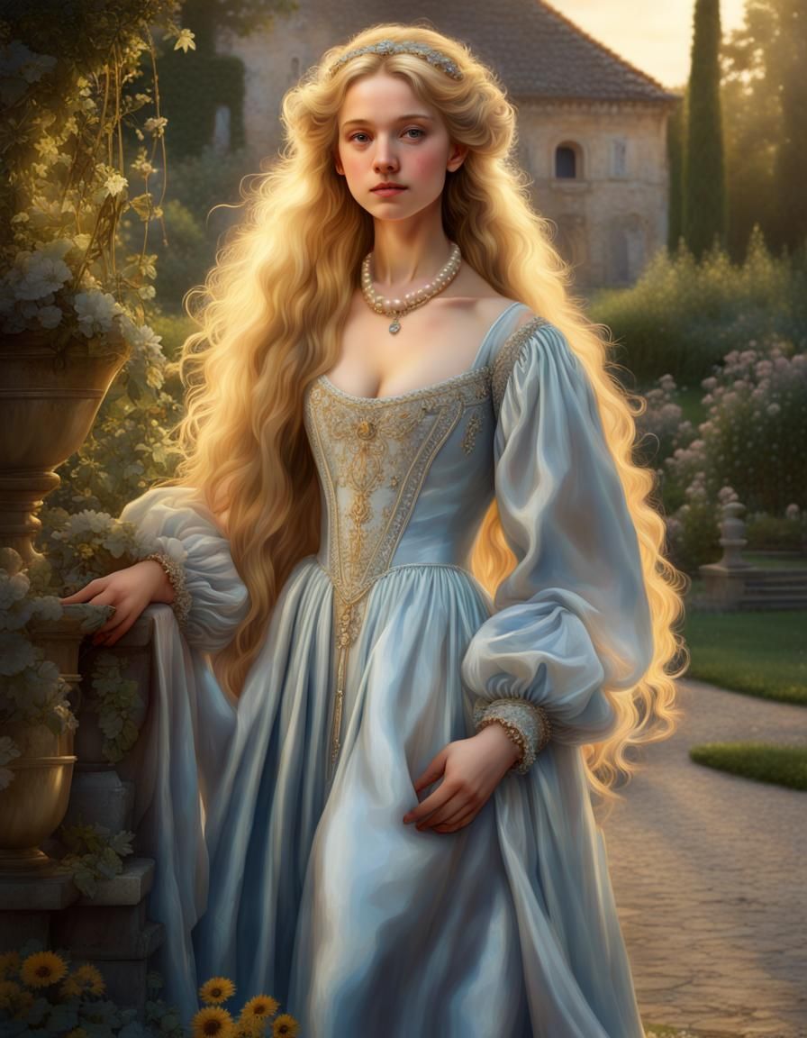 Renaissance Girl with Golden Hair in Garden
