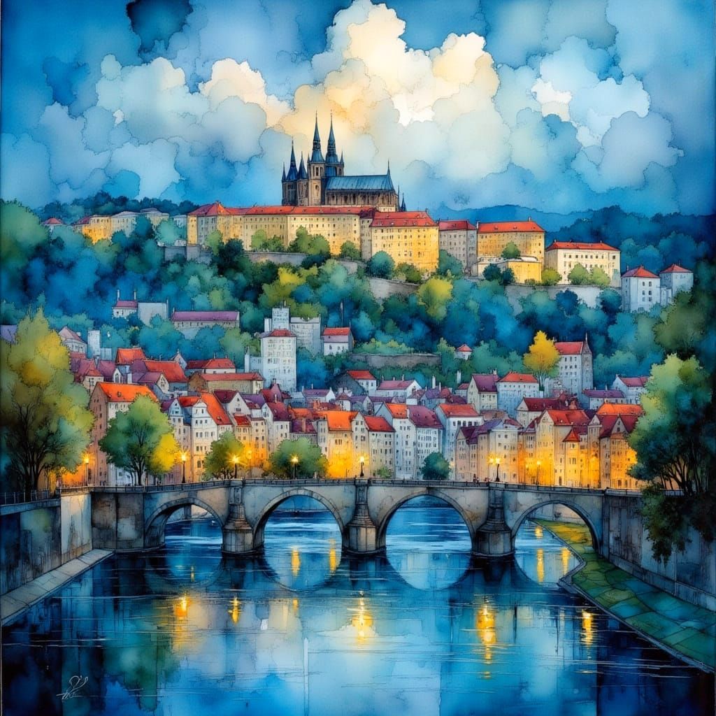 Prague Old Town Cityscape in Detailed Watercolor