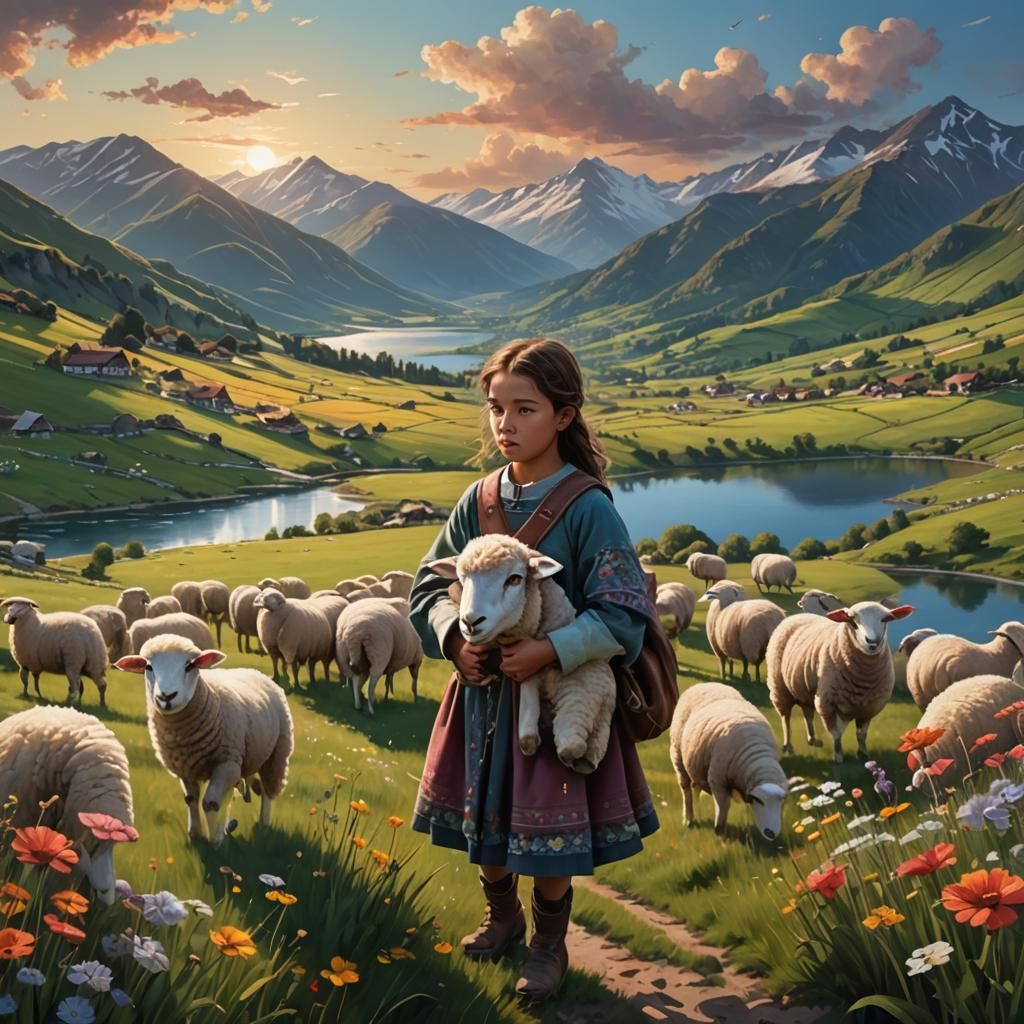 Pastoral Sunset Scene with Shepherd Girl