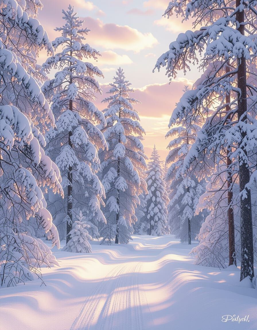 Serene Snowy Forest Road at Sunset