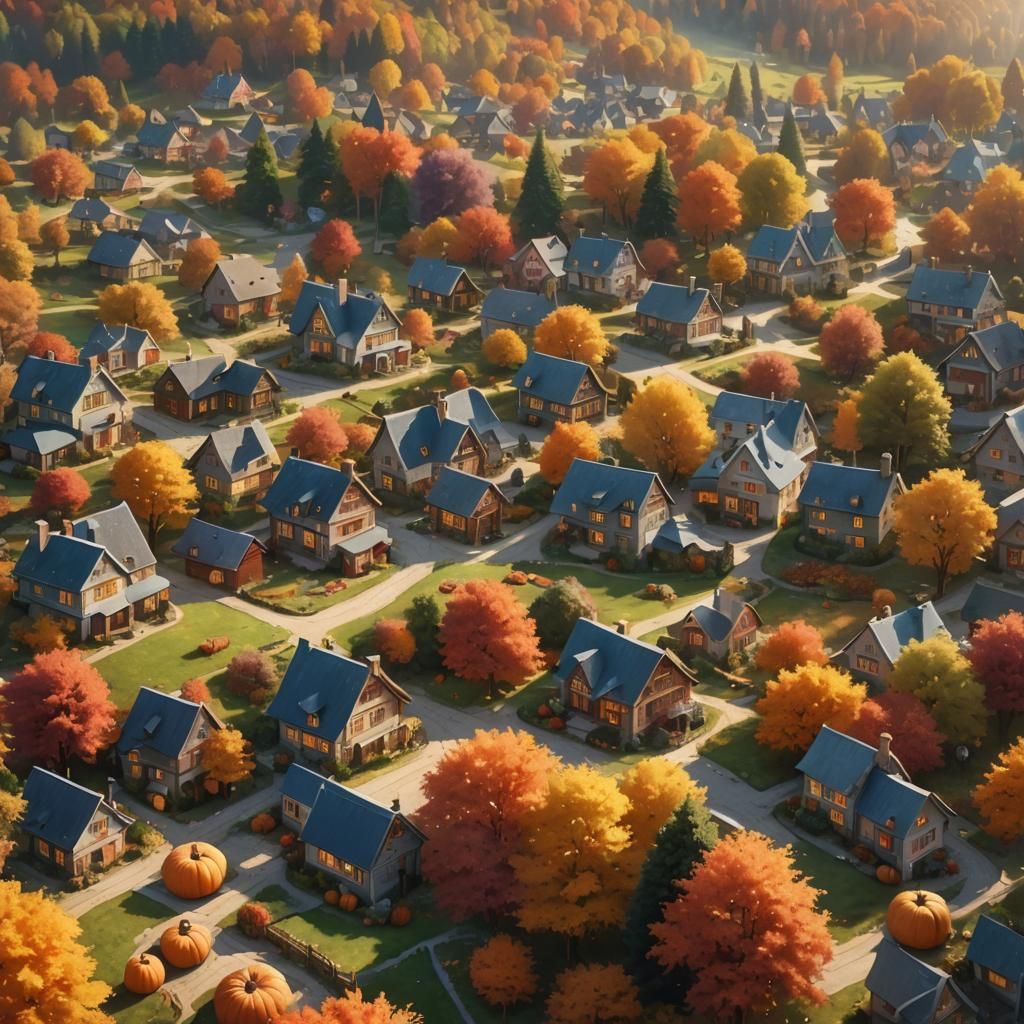 Colorful Autumn Village in Hyperrealistic Digital Art