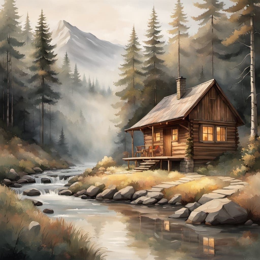 Rustic Cabin Scene in Earthy Watercolor Style