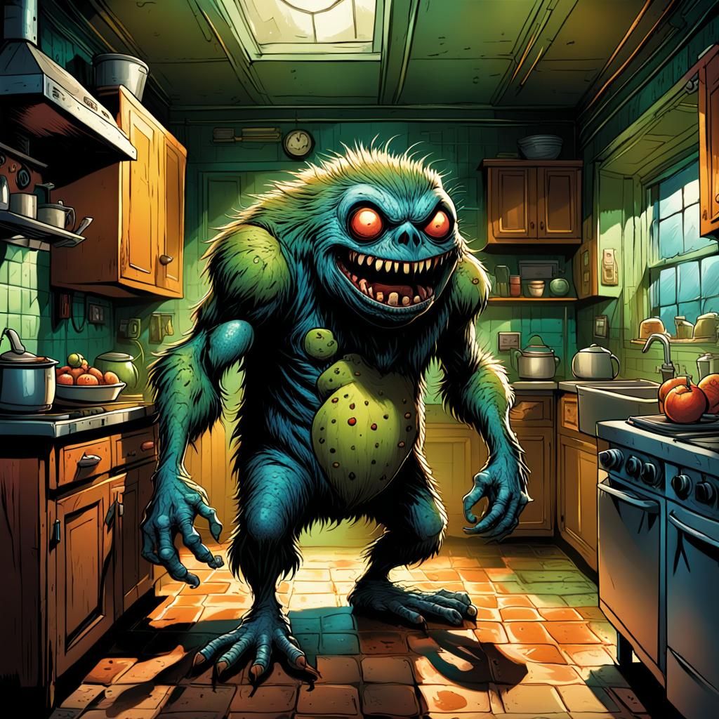 Kiwi Monster in Kitchen: Comic Book Illustration