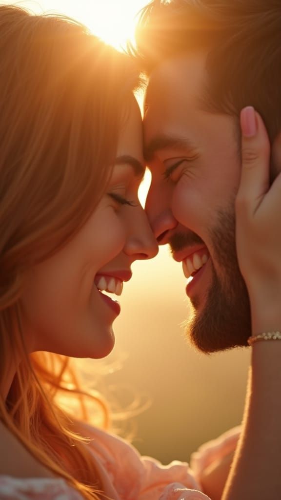 Joyful Lovers Embrace in Golden Light: 8K Cinematic Portrait